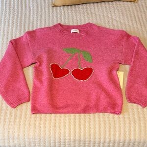 Adorable Pink Sweater with Cherry Design & Pearl Embellishment - Small NWT